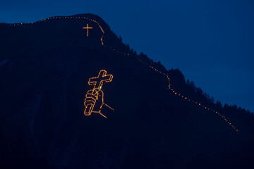 Traditional mountain bonfires for the summer solstice in the Tiroler Zugspitz Arena near Ehrwald