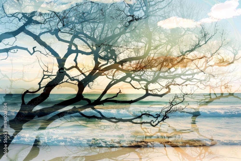 Poster tree branches intertwined with ocean waves for a tranquil double exposure nature scene