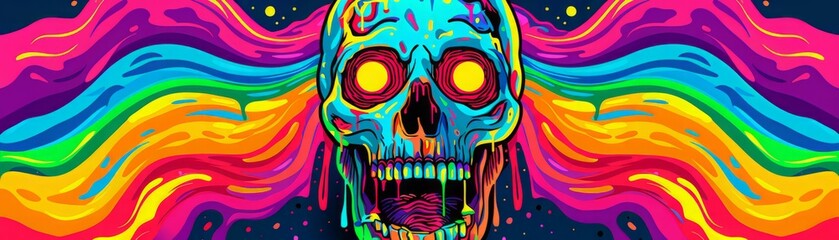 A vibrant and psychedelic skull design with colorful waves, perfect for art projects and creative backgrounds.