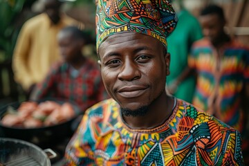 A vibrant portrait of a man in traditional attire, showcasing culture and culinary joy at a lively outdoor gathering.
