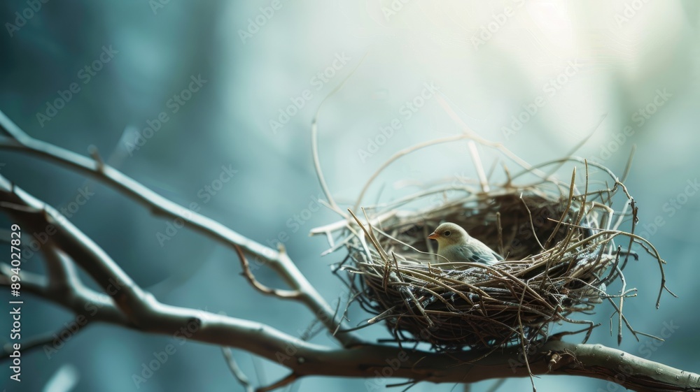 Poster small bird resting in twig nest on tree branch