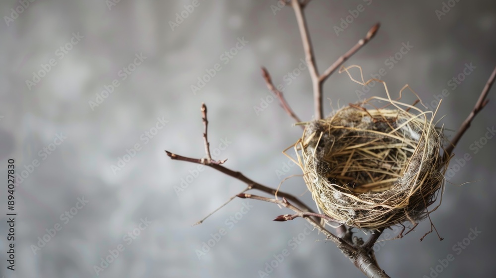 Poster empty bird nest on bare tree branches against gray background