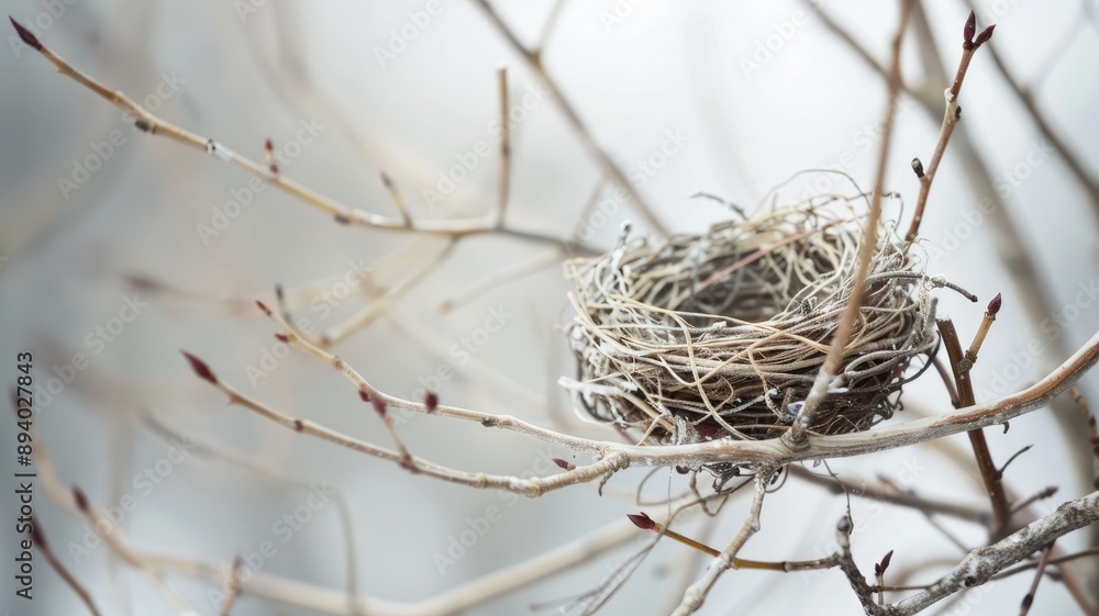 Poster empty bird's nest on bare tree branches in winter