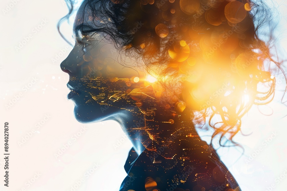 Poster human profile merged with abstract light patterns in an artistic double exposure portrait
