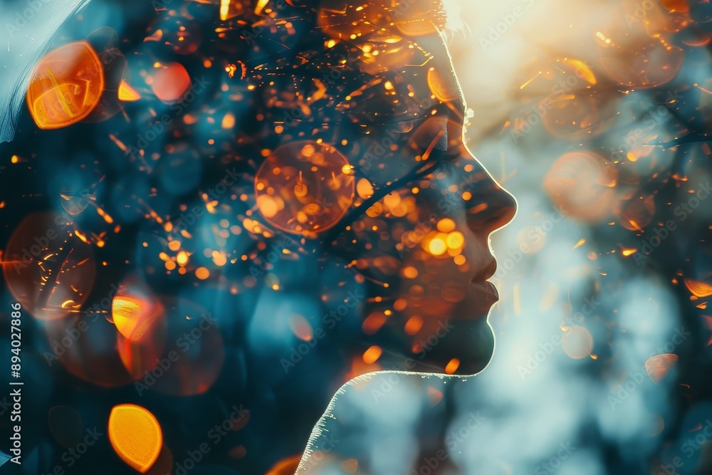 Poster human profile merged with abstract light patterns in an artistic double exposure portrait