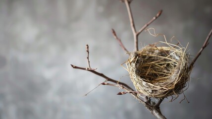 Empty bird nest on bare tree branches against gray background