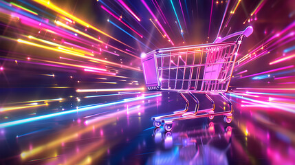 A digital art depicting a glowing holographic shopping cart moving through a vibrant neon lit environment  The cart detailed with a wireframe design emits light particles