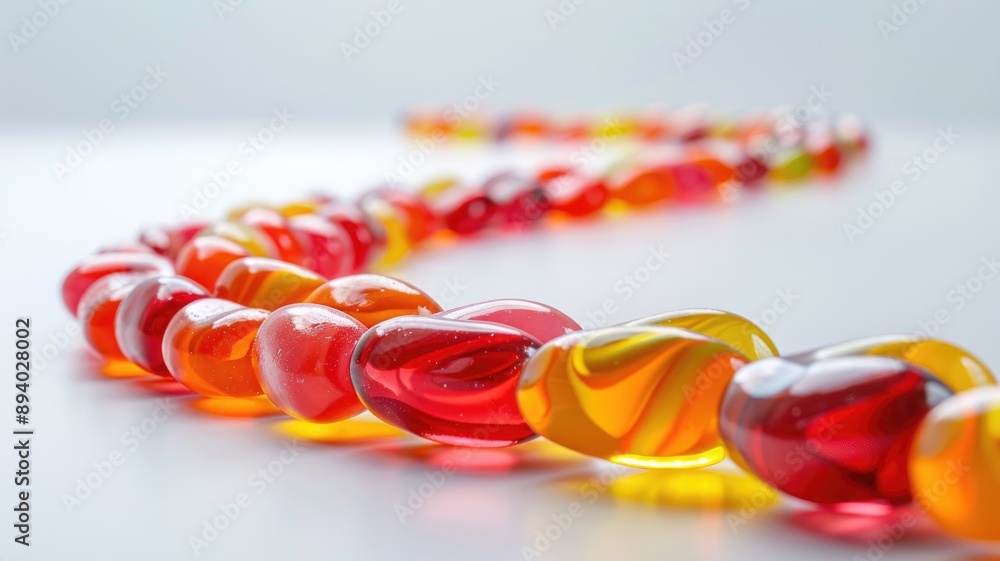 Poster colorful jelly beans lined up in wavy pattern on light surface