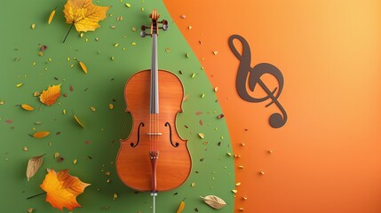 A modern postcard featuring a 3d render Cello, autumn leaves gently falling, and a vibrant music note icon, use for advertising, postcard or banner.
