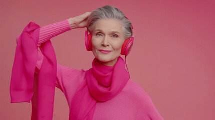 Smiling mature woman enjoying music with headphones, colorful outfit, joyful expression, positive vibes, listening to music, happy moments, vibrant colors, cheerful, fun