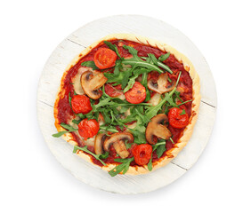 Tasty pizza with tomatoes, mushrooms and arugula on white background