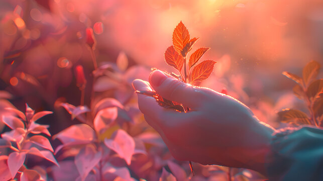 A hand holding a leaf in a field of pink flowers. Concept of tranquility and appreciation for nature
