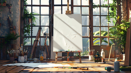 A white canvas is propped up on a wooden stand in a room filled with art supplies. The room is cluttered with various art materials, including paintbrushes, tubes of paint