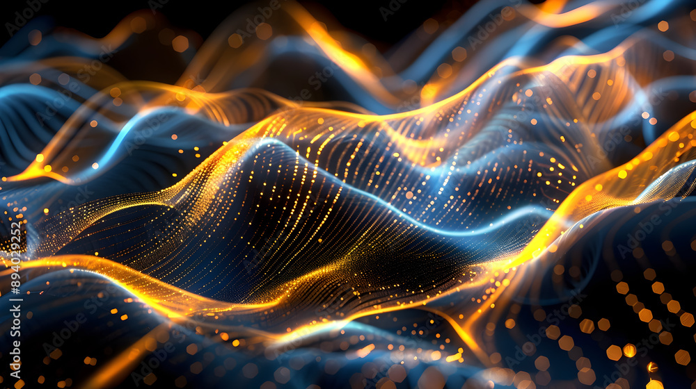 Poster flowing golden and blue digital art piece featuring a dynamic wave like pattern created by vivid lin
