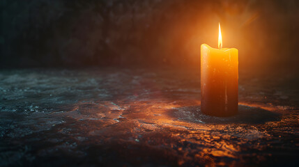 A candle is lit on a dark surface. The candle is the only source of light in the scene