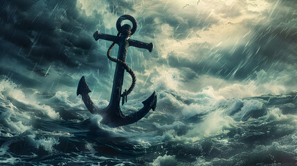 A ship is sinking in the ocean with a large anchor in the water