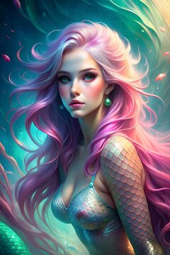 Beautiful mermaid, naiad with long pink hair underwater in the ocean