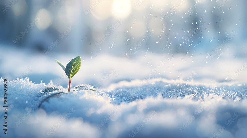 Wall mural a small green plant is growing in the snow. concept of hope and resilience, as the plant continues t