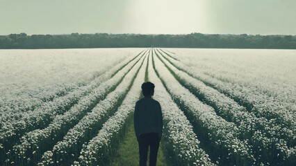 Lonely dreamer in a field of dreams, minimalism, 16:9, 300 dpi, with space for text