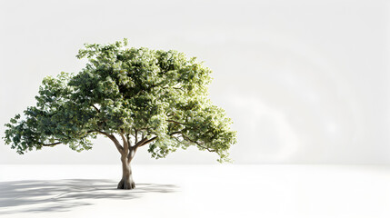 Obraz premium A tree is standing in a field of white. The tree is tall and has a lot of leaves. The field is empty and the sky is clear