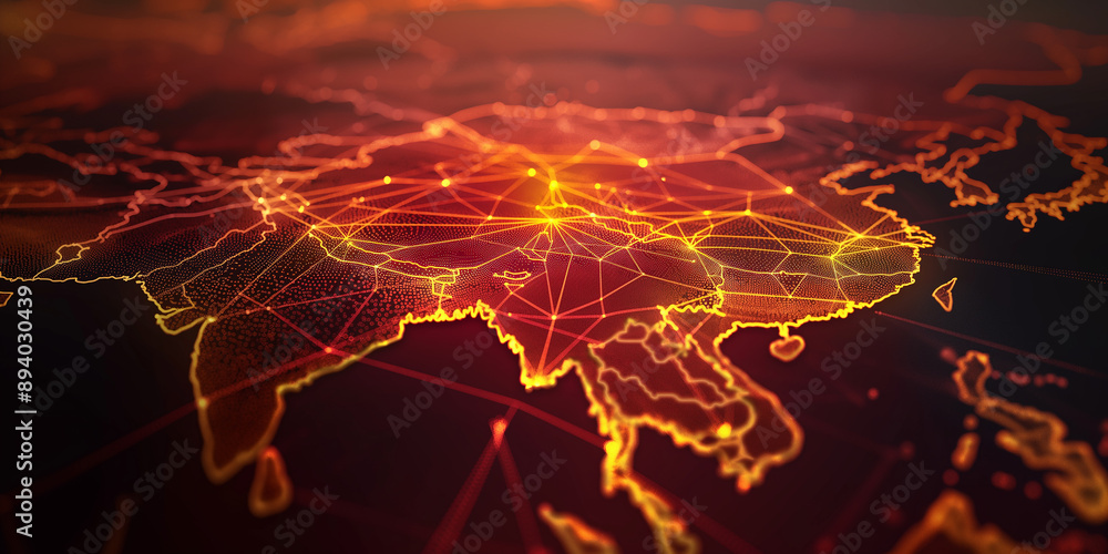 Poster Global network connecting asia with lines and nodes forming a futuristic map