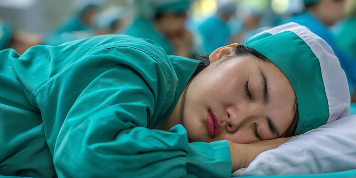 Exhausted female surgeon sleeping after long surgery shift