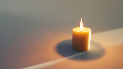 A candle is lit and is sitting on a table. The candle is yellow and the light is shining on it