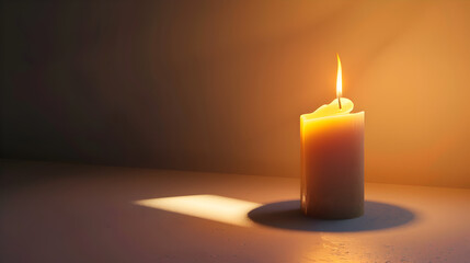 A candle is lit and the light is shining on it. The candle is on a table and the light is casting a shadow on the table