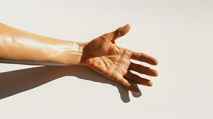 A hand is shown with a shadow on a white background. The hand is bent at the wrist and the fingers are spread apart. Concept of calmness and relaxation, as the hand appears to be at rest