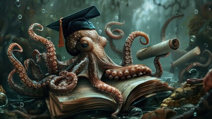 Obraz premium A whimsical octopus wearing a graduation cap, holding a diploma, surrounded by water and coral, symbolizing knowledge and education.