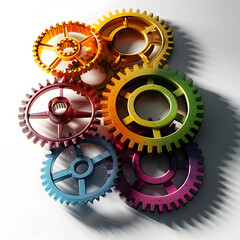 A colorful set of gears are arranged in a circle. The gears are of different colors and sizes, and they are all interlocked together. Concept of unity and collaboration