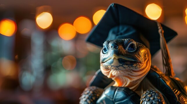 A cheerful turtle wearing a graduation cap, celebrating academic achievement with a festive background of warm lights.