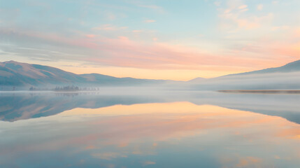 Fototapeta premium A beautiful lake with a pink and orange sky in the background. The sky is hazy and the water is calm