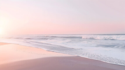 A beach with a pink and white sky and a wave in the water