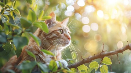 Adorable cat with red and white fur perched on a green tree branch in sunlight ideal for a notebook cover or puzzle greeting card