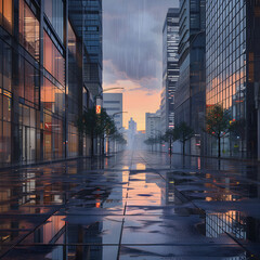 A city street with rain and a sunset in the background