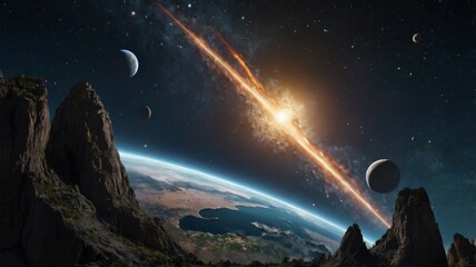 Straight bright beam of light pass through a planet or a comets or asteroid was about to crash