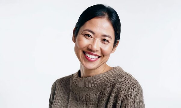 Portrait video of a pleased Indonesian woman in her 40s wearing a chic cardigan against a white background 
