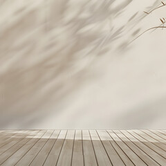 A wooden floor with a shadow on the wall. The shadow is of a tree and the floor is made of wood