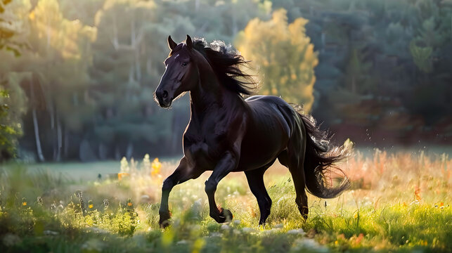 Majestic black stallion horse galloping and running freely through a scenic countryside meadow filled with lush green grass under a warm summer sky  The powerful graceful animal exudes energy