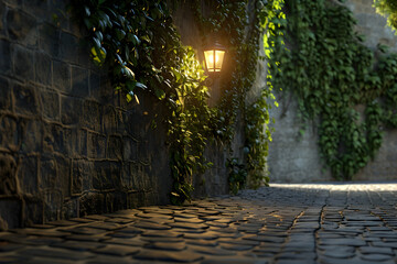 Obraz premium A brick wall with ivy growing up it and a lamp on the wall. The light from the lamp is shining on the ivy, creating a warm and inviting atmosphere