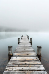 Fototapeta premium A foggy day at a pier with a wooden bridge. The water is calm and the sky is overcast