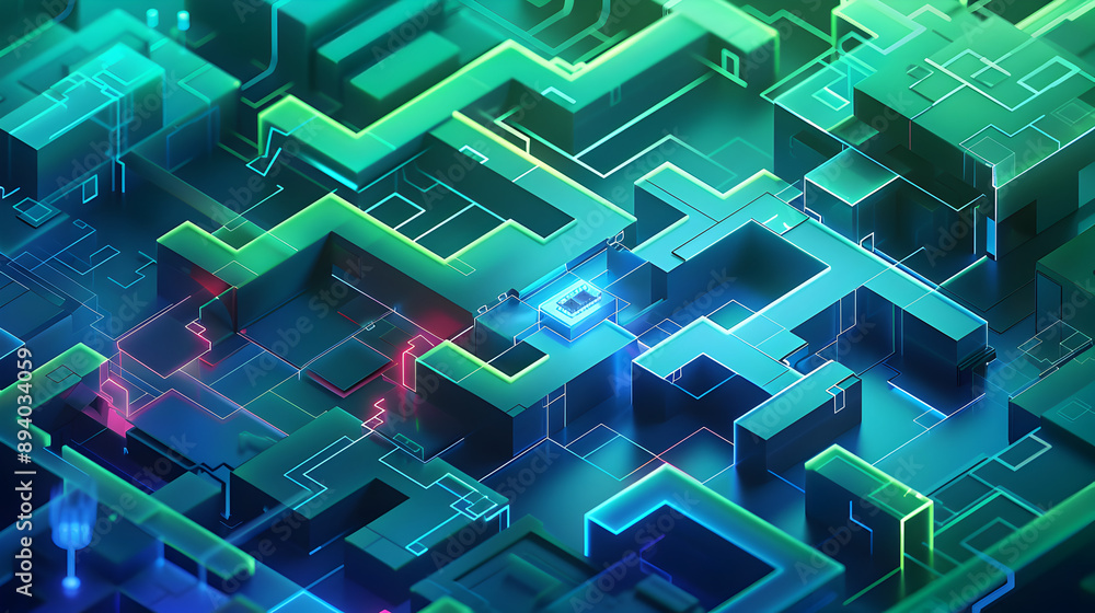 Wall mural a computer chip is shown in a green and blue color scheme. the image is abstract and has a futuristi