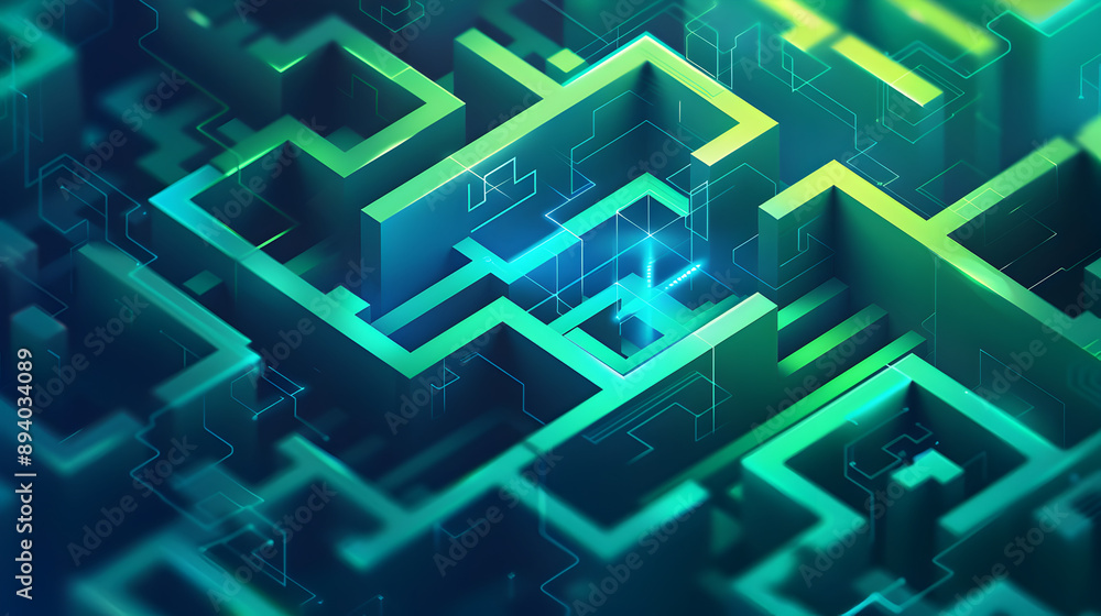 Sticker a maze of green and blue blocks with a bright light shining through. the maze is made up of squares 