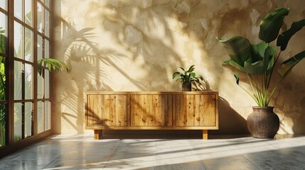 Wooden cabinet with doors against a blurred background of window shadows and sunlight.