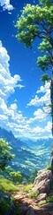 An illustration of a blue sky with clouds over a grassy landscape on a beautiful day.