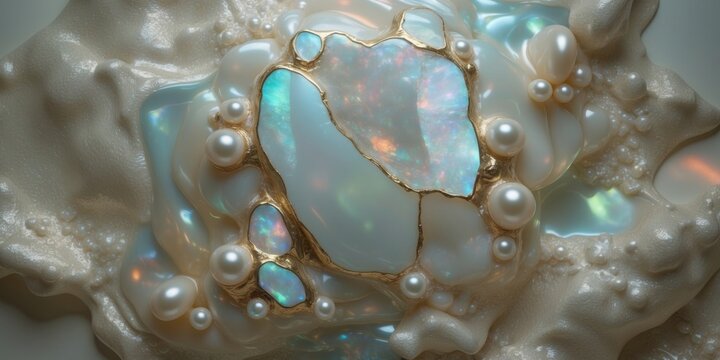 Iridescent white opal and pearl shell with gold accents