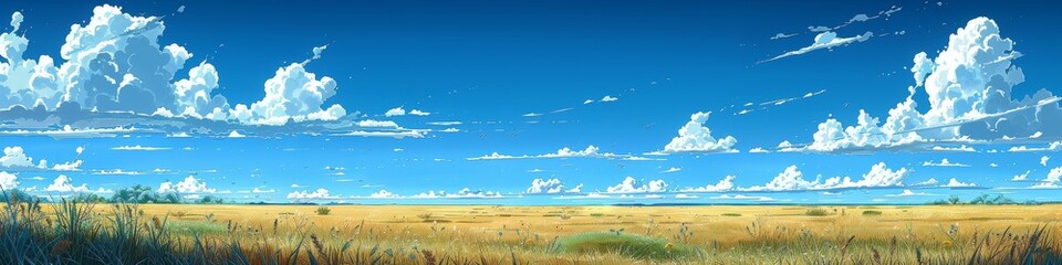 An illustration of a blue sky with clouds over a grassy landscape on a beautiful day.