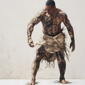 3. "A Samoan chief in traditional tatau body art and a lavalava, shown in 3D on a white canvas."