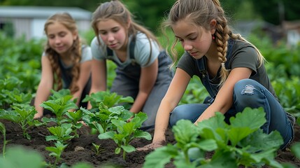 Fototapeta premium Teen girls at a community garden, planting and gardening together 